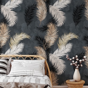 Gold and White Feathers Wallpaper, Retro Wallpaper, Removable Wallpaper, Peel and Stick, Vintage Wall Art, Dark Vintage Wall Art #595