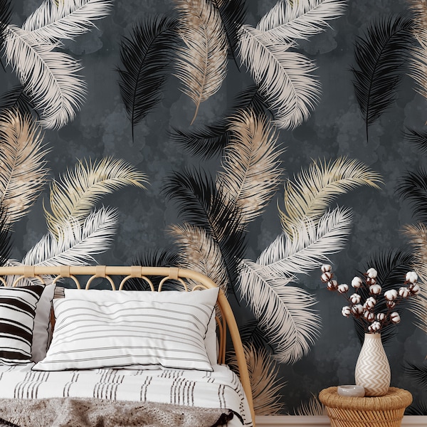 Gold and White Feathers Wallpaper, Retro Wallpaper, Removable Wallpaper, Peel and Stick, Vintage Wall Art, Dark Vintage Wall Art #595