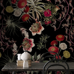 Red flowers wallpaper, watercolor vintage garden wallpaper, black wallpaper, red floral, peel and stick wallpaper #1060