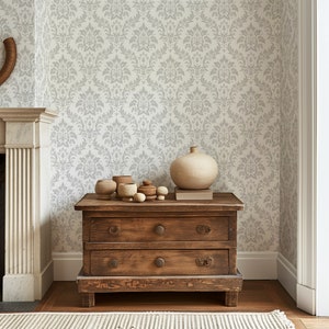 Damask Gray Pattern Wallpaper, Vintage Wallpaper, Retro Wall Art, Peel and Stick White and Gray Wallpaper, Removable Wall Art #413