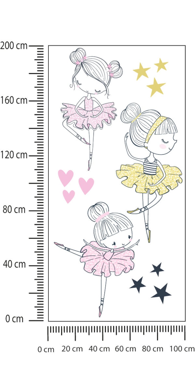 May include: Three illustrations of ballerinas in pink and yellow tutus with glitter accents. The ballerinas are surrounded by pink hearts and gold stars.
