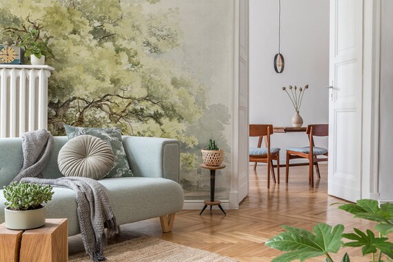 Watercolor Large Tree Wallpaper | Self Adhesive Wallpaper, Removable Wallpaper, Temporary Wallpaper, Peel and Stick Wallpaper #551