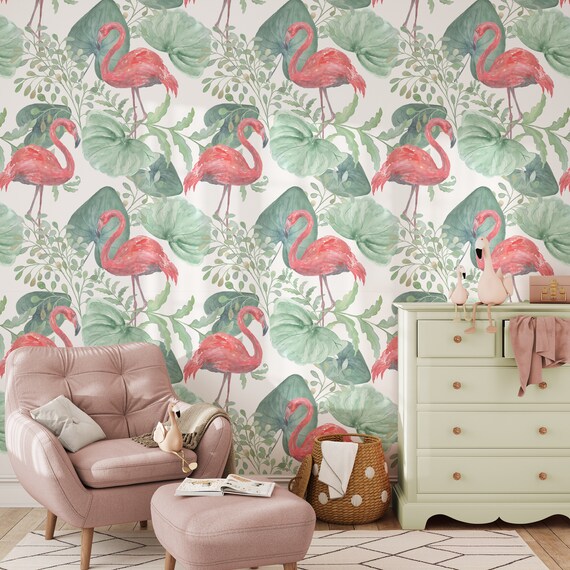 Tropical Flamingo Peel and Stick Wallpaper, Vibrant Removable Wall Covering for Instant Exotic Makeover, Self-Adhesive Wallpaper #166