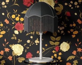 Peony Garden Wallpaper, Red and Beige Flowers Wallpaper, Floral Wall Art, Black Wallpaper, 70s Wallpaper, Vintage Home Decoration #1345