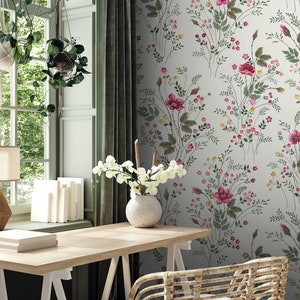 Meadow Flowers Wallpaper, Bright Wallpaper, Peel and Stick Wallpaper, Floral Wall Decor, Herb Print Wall Decor, Removable Wallpaper #438 image 4