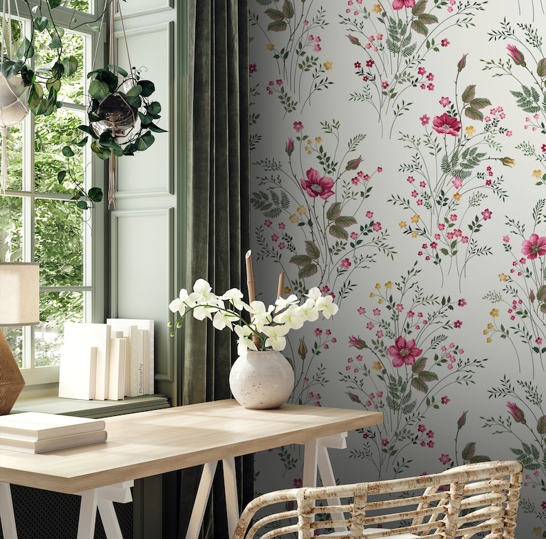 Meadow Flowers Wallpaper, Bright Wallpaper, Peel and Stick Wallpaper, Floral Wall Decor, Herb Print Wall Decor, Removable Wallpaper #438 image 4