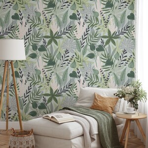 Large Green Botanical Leaves Wallpaper, Nature Wallpaper, Green Wall Art, Jungle Wallpaper, Peel and Stick Wallpaper, Jungle Wall Decor #996