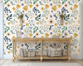 Floral Spring Wallpaper, Colorful Flowers, Green Leaves Kids Room Decor, Removable Wallpaper, Peel and Stick Wallpaper #539