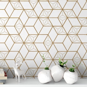 Japanese Gold Geometric Wallpaper | Self Adhesive Wallpaper, Removable Wallpaper, Temporary Wallpaper, Peel and Stick Wallpaper #736