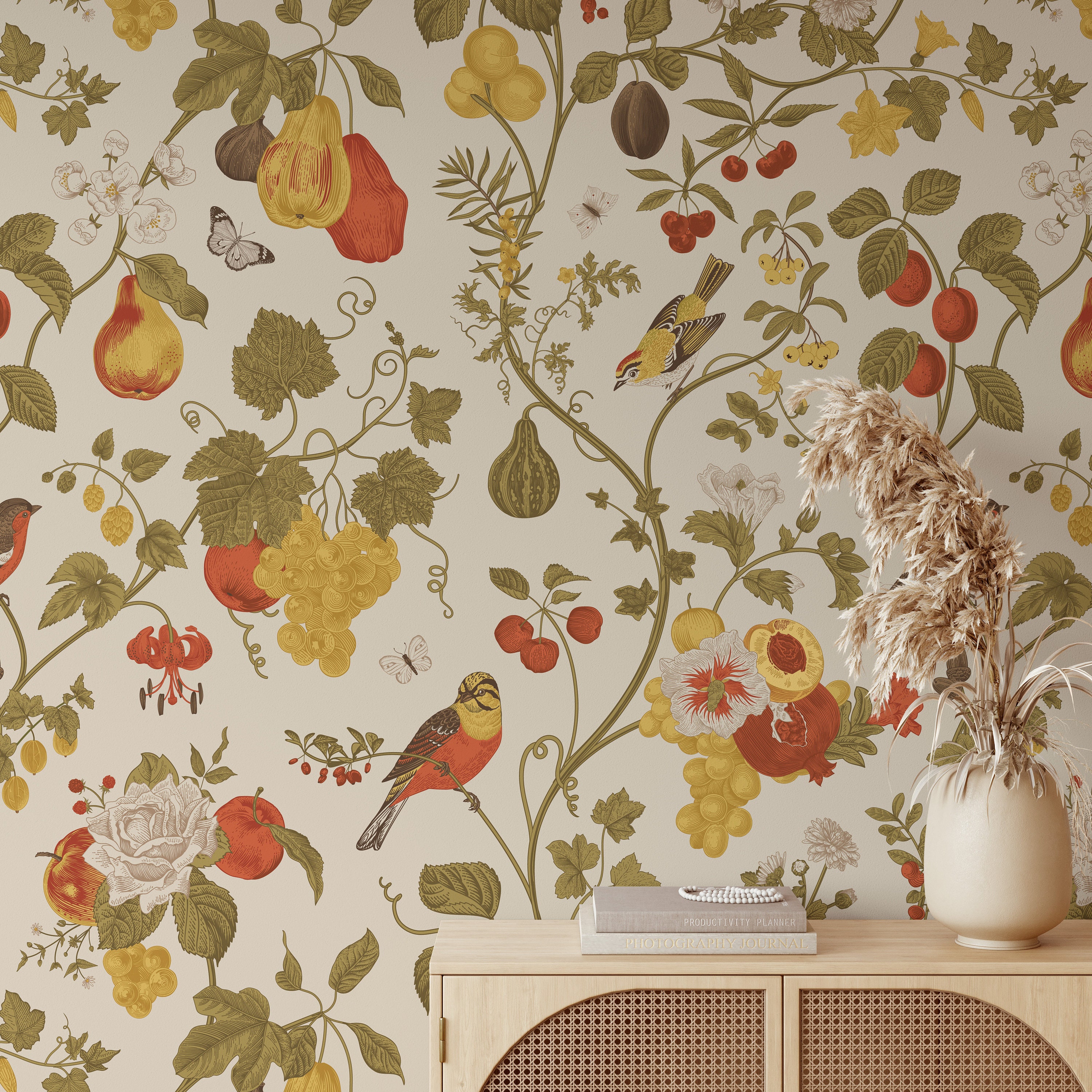Peel and Stick Wallpaper, Bird on Twigs, Watercolor Fruit Plants ...