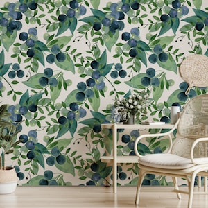 Blueberries Wallpaper, Watercolor Nature Wallpaper, Green Leaves, Blueberry, Pastel Colors Wallpaper, Removable Wallpaper #222