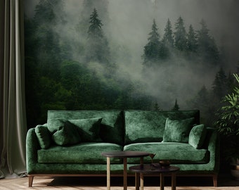 Forest Wall Mural, Removable Wallpaper, Tree Wallpaper, Dark Green Wall Mural, Home Decor, Enchanted Forest, Foggy Forest, Moody Mural #916