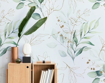 Green and Golden Leaves Wallpaper, Botanical Wall Art, Watercolor Wallpaper, Bright Delicate Nature Colors, Green Wallpaper #508