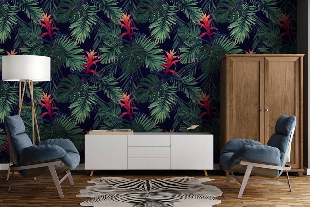 Tropical Leaves With Red Fruits Wallpaper Self Adhesive - Etsy