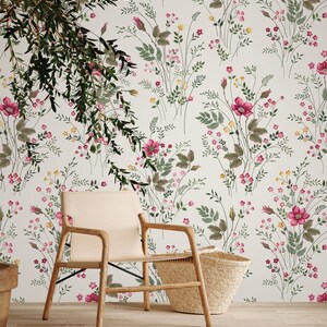 Meadow Flowers Wallpaper, Bright Wallpaper, Peel and Stick Wallpaper, Floral Wall Decor, Herb Print Wall Decor, Removable Wallpaper #438 image 3