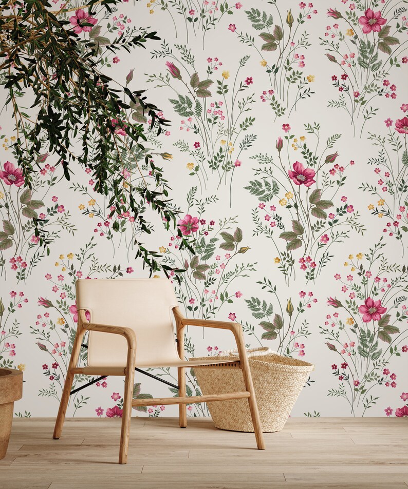 Meadow Flowers Wallpaper, Bright Wallpaper, Peel and Stick Wallpaper, Floral Wall Decor, Herb Print Wall Decor, Removable Wallpaper #438 image 3
