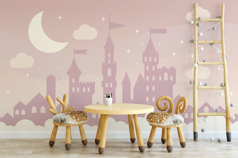 Pink Castle Kids Wallpaper | Self Adhesive Wallpaper, Removable Wallpaper, Temporary Wallpaper, Peel and Stick Wallpaper #583 