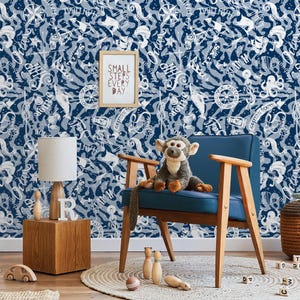 Blue nautical theme wallpaper, removable peel and stick blue marine symbols wall art, vintage marine wallpaper, kids room decor #390