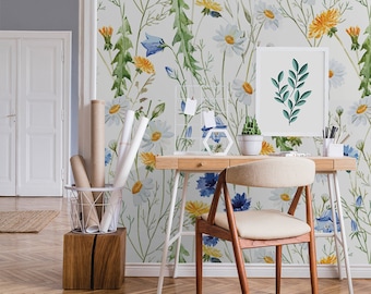 Country Wildflowers Wallpaper, Meadow Wallpaper, Vinyl Wallpaper, Retro Home Decor, Rural Flowers, Watercolor Wallpaper, Peel and Stick #465