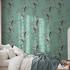 Chinoiserie Birds Wallpaper, Animal Wall Art, Turqoise Wallpaper, Tree, Branches, Green Leaves, White Flowers, Peel and Stick Wall Art #1036