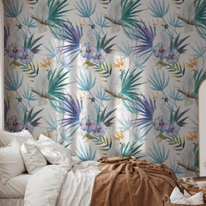 Tropical Parrot in Jungle Wallpaper | Self Adhesive Wallpaper, Removable Wallpaper, Temporary Wallpaper, Peel and Stick Wallpaper #624