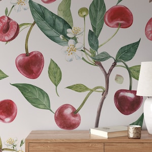 Wallpaper Cherry Fruit, Cherry Wall Art, Watercolor Wallpaper, Peel and Stick Wallpaper, Green Leaves Bright Wallpaper, Vinyl Wallpaper #784