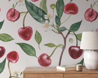 Wallpaper Cherry Fruit, Cherry Wall Art, Watercolor Wallpaper, Peel and Stick Wallpaper, Green Leaves Bright Wallpaper, Vinyl Wallpaper #784