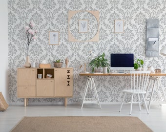 Damask Gray Pattern Wallpaper | Self Adhesive Wallpaper, Removable Wallpaper, Temporary Wallpaper, Peel and Stick Wallpaper #413