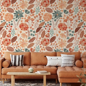 Colorful Autumn Wallpaper, Peel and Stick Removable Wallpaper, Autumn Garden Flowers Wallpaper, Vintage Wall Art #304