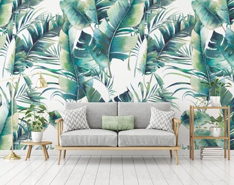 Palm Tree and Banana Leaves Wallpaper | Self Adhesive Wallpaper, Removable Wallpaper, Temporary Wallpaper, Peel and Stick Wallpaper #421