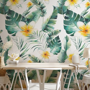 Tapete Hawaii Blumen Aquarell, Schälen und aufkleben, Floral Tapete, Große Grüne Blätter, Weiße Blume, Botanische Tapete #191