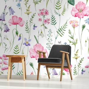 Pink Poppies on Meadow Wallpaper | Self Adhesive Wallpaper, Removable Wallpaper, Temporary Wallpaper, Peel and Stick Wallpaper #801