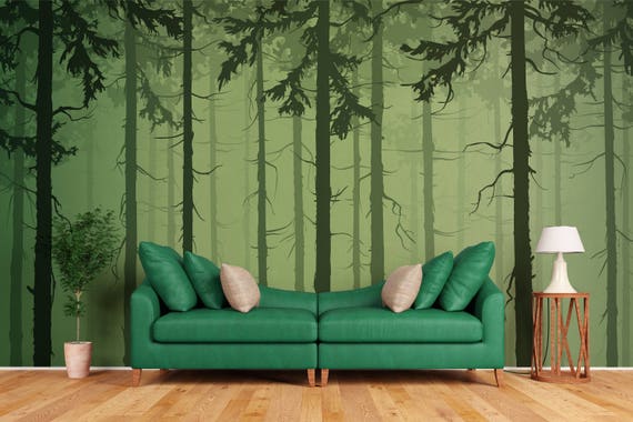 Trees wall decor Peel and stick Bright Forest removable wallpaper Green Forest wall mural Reusable Repositionable MAF147 Removable