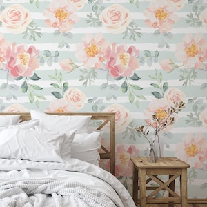 Flowers On Green, Floral Wallpaper, Garden Wall Art, Pastel Pink Roses Wallpaper, Vinyl Wallpaper, Peel and Stick Or Traditional #143