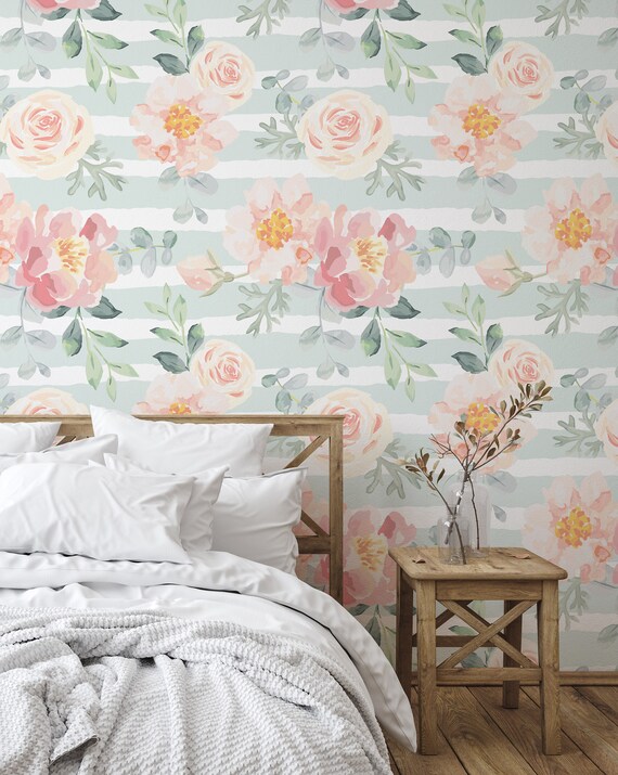 Flowers On Green, Floral Wallpaper, Garden Wall Art, Pastel Pink Roses Wallpaper, Vinyl Wallpaper, Peel and Stick Or Traditional #143