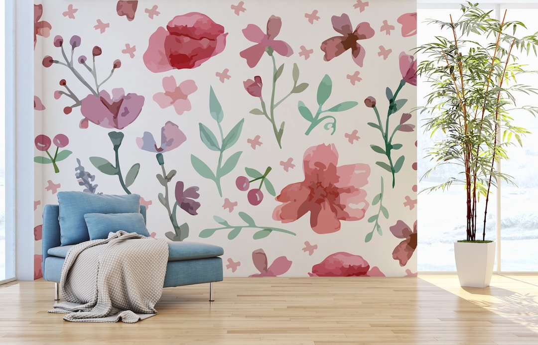Pink Watercolor Flowers Wallpaper Self Adhesive Wallpaper - Etsy