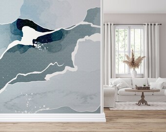 Blue Seigaiha Waves Wallpaper | Self Adhesive Wallpaper, Removable Wallpaper, Temporary Wallpaper, Peel and Stick Wallpaper #1048