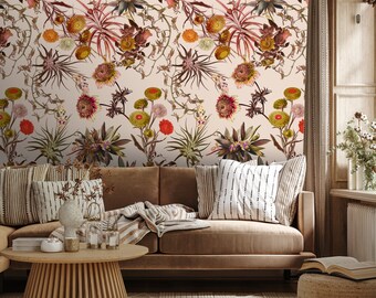 Vintage Floral Wall Art, Retro Wallpaper, Watercolor Wall Decor, Wildflowers, Bohemian, Peel and Stick Wallpaper, Removable Wallpaper #1378