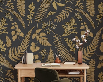 Black Botanical Wallpaper, Gold Color Ferns Wallpaper, Floral Wallpaper, Wall Art, Modern Home Decor, Dark Wallpaper, Peel and Stick #430