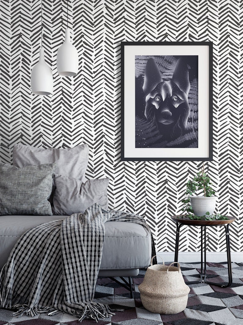 Removable Wallpaper Black Herringbone Wallpaper Self | Etsy