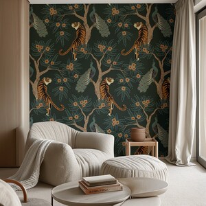 Asia Wildlife Wallpaper, Tiger Wall Art, Peacock, Botanical Jungle Experience, Flowers and Green Trees, Removable Wallpaper #565