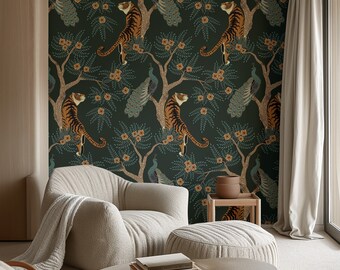 Asia Wildlife Wallpaper, Tiger Wall Art, Peacock, Botanical Jungle Experience, Flowers and Green Trees, Removable Wallpaper #565