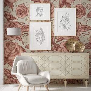Pink Vintage Roses Wallpaper | Self Adhesive Wallpaper, Removable Wallpaper, Temporary Wallpaper, Peel and Stick Wallpaper #457