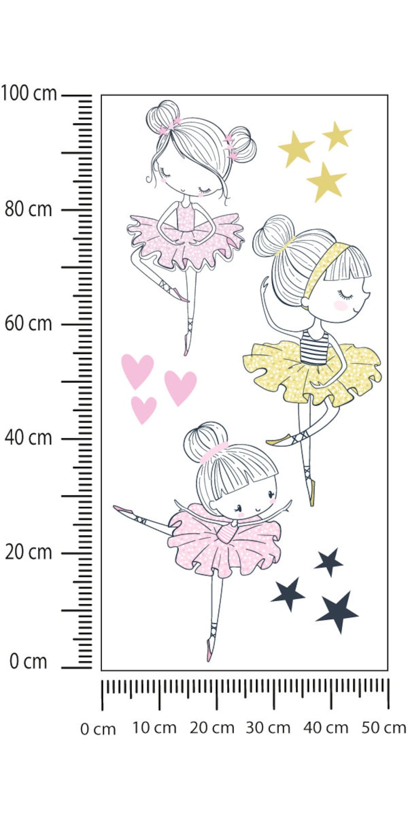 May include: Three cartoon ballerina girls with pink, yellow, and white tutus. The ballerinas are surrounded by pink hearts and gold stars.