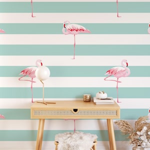 Pink flamingo on stripes, animal bird removable wallpaper, peel and stick wallpaper, cute pink flamingo vinyl wallpaper #18