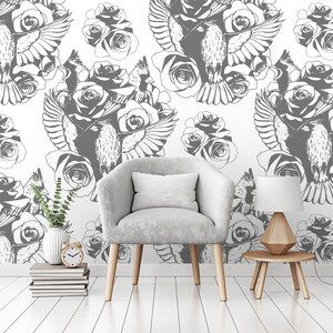 Birds and Roses Wallpaper | Self Adhesive Wallpaper, Removable Wallpaper, Temporary Wallpaper, Peel and Stick Wallpaper #233