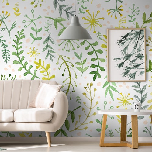 18ft Wallpaper Roll Green Gold Leaves Wallpaper Etsy