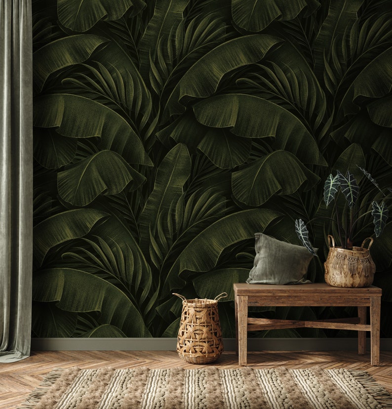 Tropical Banana Leaves Wallpaper, Peel and Stick Wallpaper, Dark Botanical, Exotic Print, Big Leaves, Home Decor, Removable Wallpaper 1009 Bild 1