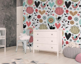 Romantic Floral Kids Wallpaper | Self Adhesive Wallpaper, Removable Wallpaper, Temporary Wallpaper, Peel and Stick Wallpaper #661