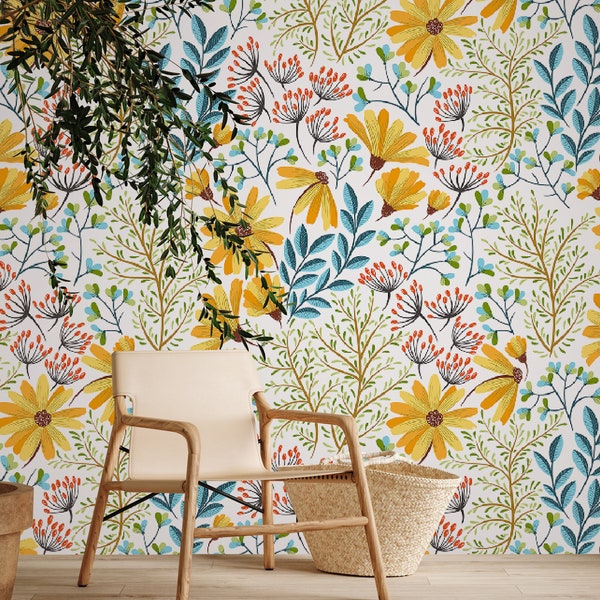 Wallpaper Colorful Flower, Peel and Stick Wallpaper, Removable Wall Mural, Home Decor, Floral Wall Decor, Garden Wallpaper #14